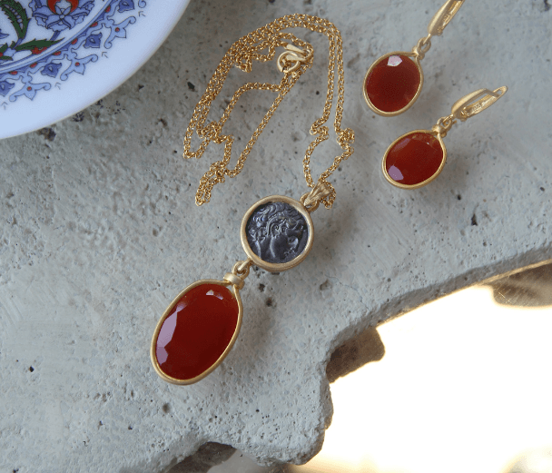 Akik Taşlı Antik Gümüş Set